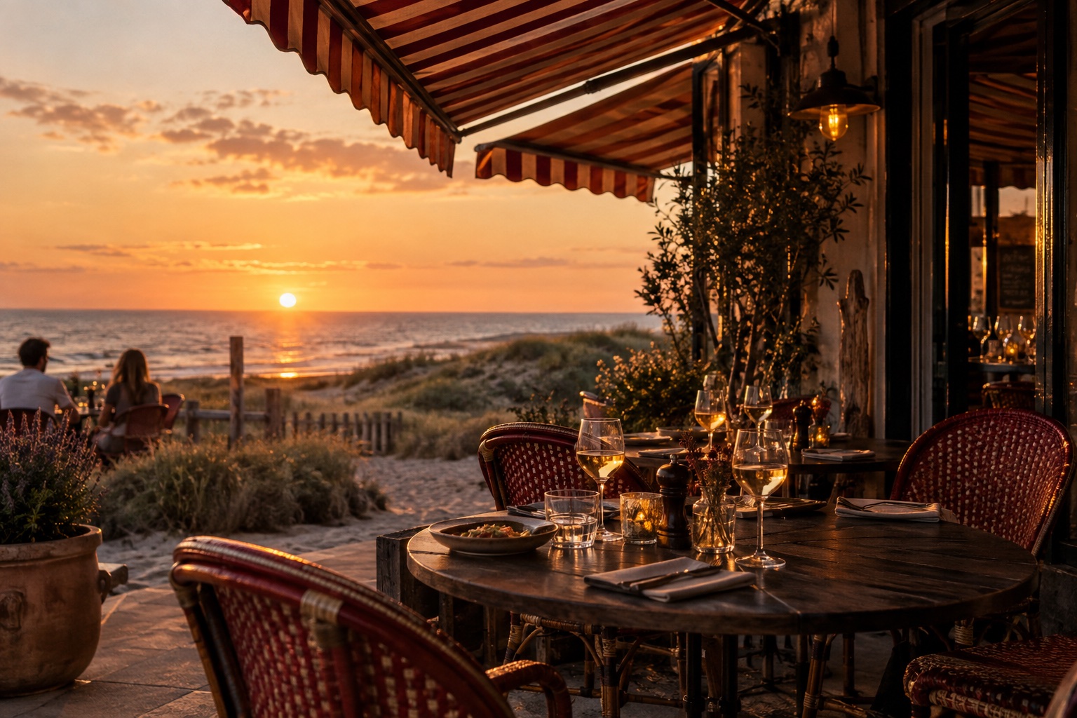 Een gedekte tafel op het terras, met een glas wijn en uitzicht over de duinen bij zonsondergang
